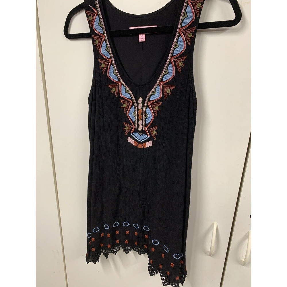 Honey belle Embroidered Black Mini Dress Boho Style‎ Size Small